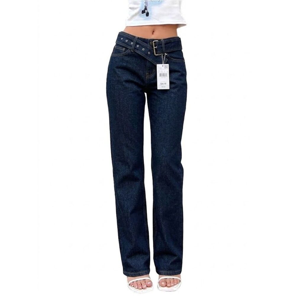 NWT Mango Women's Dark Indigo Belted Wide Leg Straight Jeans Size US 2 EUR 34